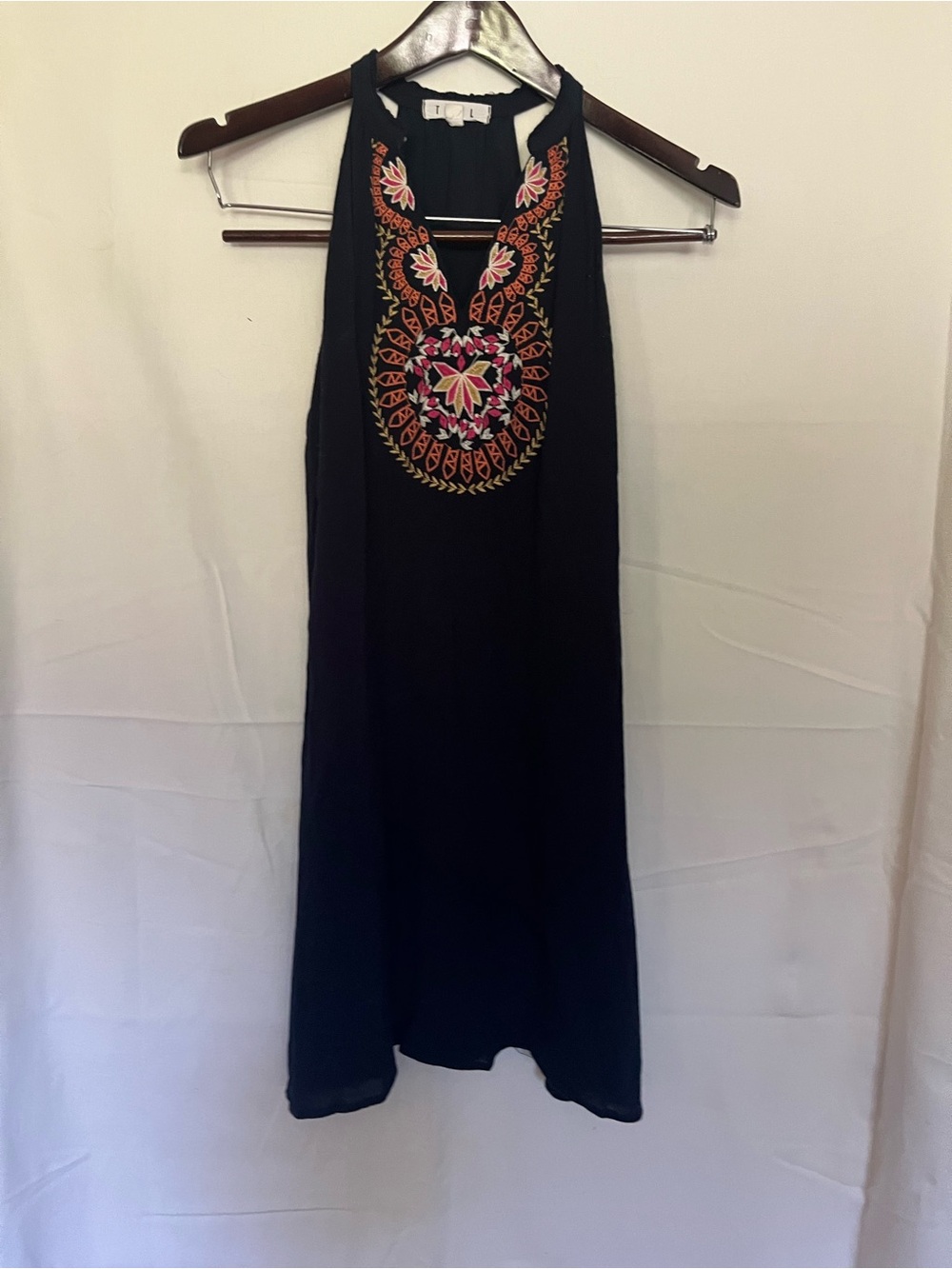 THML navy blue Mini Dress with Pink & Orange Embroidered Neckline